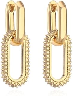 14K Gold and Zinc Crystal Zircon Convertible Link Earrings, Multi-Wear Geometric U-Shaped Paperclip and Rectangle Hoop Design for Women and Girls