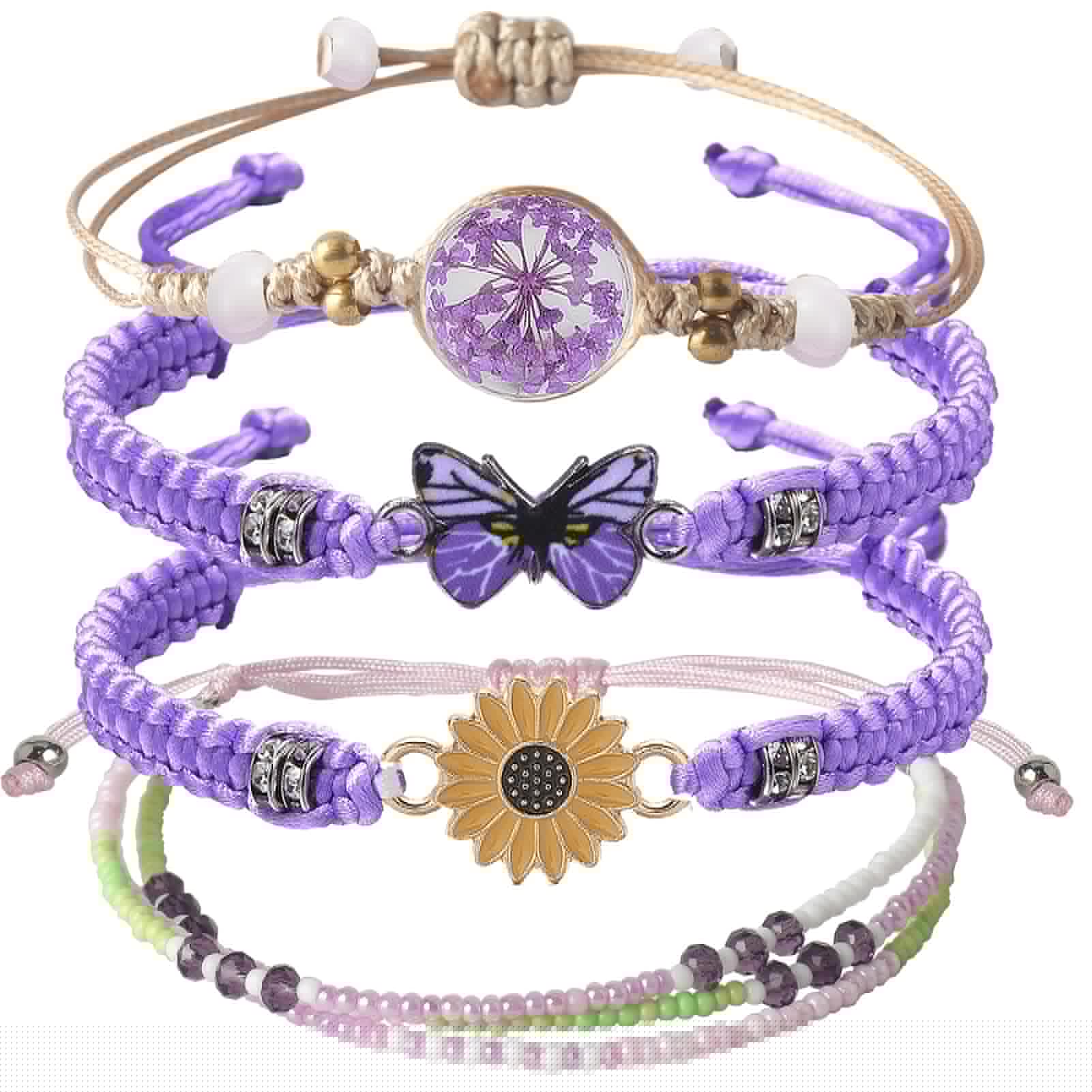 4PCS String beads Charm Bracelets for Teen Girls Dainty cute cartoon Butterfly Daisy Eternal flower Beads Bracelets set for woman and girls Adjustable Stretch bracelet birthday Gift For Friends