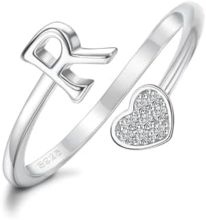 Adjustable 18K White Gold Plated Stackable Minimalist Initial Rings with Cubic Zirconia for Women and Girls - Personalized Heart-Shaped Alphabet Letter Rings by MILACOLATO