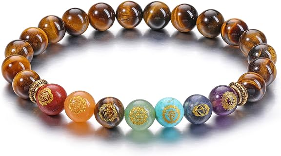 8mm Amethyst Bead Bracelet with Tiger Eye, 7 Chakra Stones for Men and Women - Healing Crystal Stretch Design