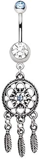 Chic Blue/Clear CZ Crystal Dream Catcher Belly Ring with Stainless Steel Barbell Clasp - Ornate Navel Accessory
