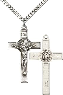 Lobster Clasp Sterling Silver St. Benedict Crucifix Pendant Necklace with 24" Stainless Steel Heavy Curb Chain - Ideal Gift for Monks/Poison Sufferers - Intricate Religious Design