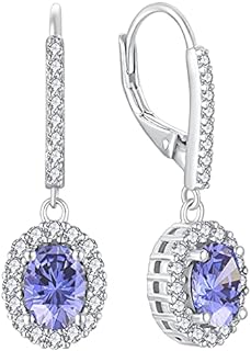 YL Women's Sterling Silver Tanzanite Dangle Drop Earrings with Lever Back Finding for Elegant Style, Oval Halo Design