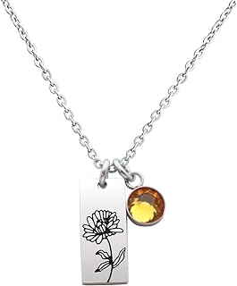 Customizable Stainless Steel Cable Chain Birth Flower Pendant Necklace with Gem Accent - Perfect Birthday or Special Occasion Gift for Women of All Ages - Personalized Design