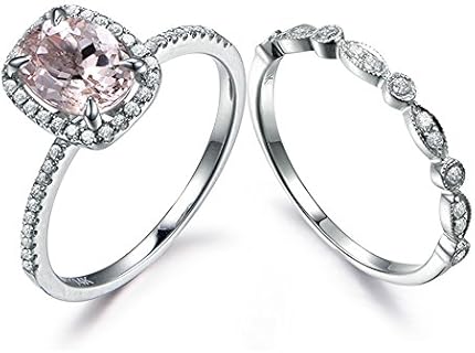 Rose Gold Morganite Engagement Ring Set Oval Cut Halo Diamond Marquise Milgrain Stackable Band 2pcs