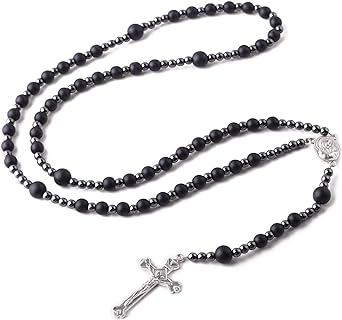 Black Hematite Beads Rosary with Terra Jerusalem Medal Centerpiece and Crucifix Catholic Rosary Necklace for Women and Men Catholic Gift