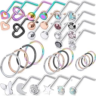 20/18G l Shaped Nose Rings Studs 8-12mm Nostril Hoops Piercings Jewelry for Women Men Surgical Steel Hypoallergenic Aretes Para La Nariz 36pcs