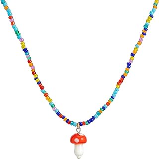 Bohemian Beaded Mushroom Necklace Colorful Boho Pendant Choker Jewelry for Women Girls Gift