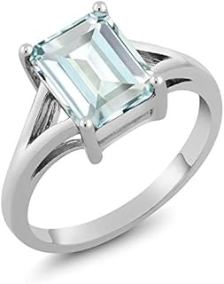 Gem Stone King 925 Sterling Silver Sky Blue Simulated Aquamarine Solitaire Engagement Ring For Women (2.30 Cttw, Emerald Cut 9X7MM, Gemstone Birthstone, Available in Size 5,6,7,8,9)