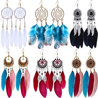 6 Pairs Women Faux Feather Earrings Bohemian Fringe Tassel Long Drop Dangle Earrings Set with Dream Catcher Design for Women Girls (Style 4)