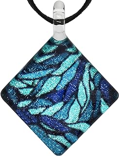 Hand Blown Glass Blue Tone Mosaic Pattern Square Pendant Necklace for Women, 16-18 inches