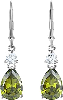 Sterling Silver Sapphire Dangle Earrings with Lever Backing for Women, Teardrop Design Featuring Created Peridot