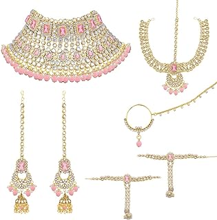 Aheli Indian Traditional Bridal Choker Necklace Matha Patti Nose Ring Haath Phool Earrings Bollywood Jewelry