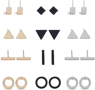 12 Pairs Tiny Stud Earrings Set for Men Women Black Silver Golden Square Round Bar Triangle Stud Earrings Jewelry