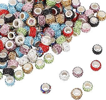 ZYEHXED Mixcolor Glass Charm Bracelet Beads in Alloy with Soft Pottery Rhinestones for DIY Jewelry Making - 200 PCS European Round Large Hole Beads Set