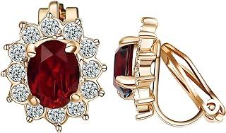 Clip-On Garnet Crystal Stud Earrings in 18K Rose Gold Plating for Women with Cubic Zirconia Gemstones