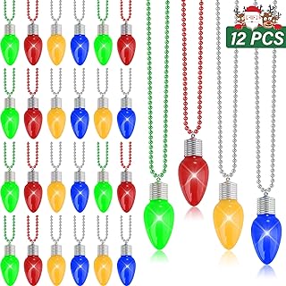 12pcs Light up Christmas Necklace, Glow Christmas Bead Necklace Bulb Pendant, Green Yellow Red Blue Necklaces Accessories Bulk, Light Christmas Necklaces for Xmas Ugly Sweater New Year Party Supplies