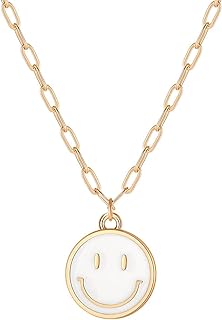 Gold Alloy Paperclip Chain Necklace with Colorful Smile Face Pendant for Women and Girls - Cute Preppy Smile Pendant Necklace