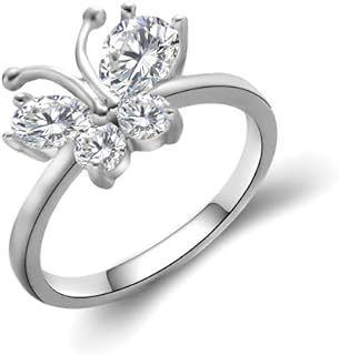 14K White Gold Plated Whimsical Butterfly Wedding Ring with High Carbon Diamonds - Size 6 Crystal Fashion Accessory for Women