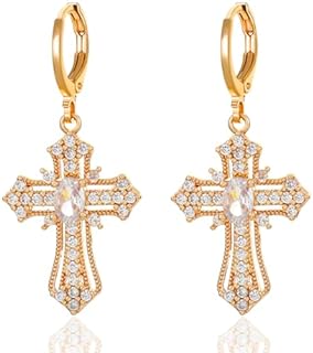 Gold-Plated Cubic Zirconia Cross Dangle Men's Earrings with Hinged Hoop Back-Finding in Zinc Material