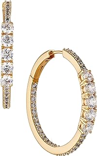 Push-Back Nadri Medium Hoop Earrings - Cubic Zirconia Accented Brass for women - Gold and Rhodium Plated Elegance