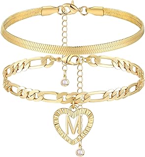 Lobster Claw Clasp, 14k Gold-Plated Figaro Chain Anklets for Women by Yanoda, Heart Shaped Pendant, Personalized Beach Jewelry Gifts