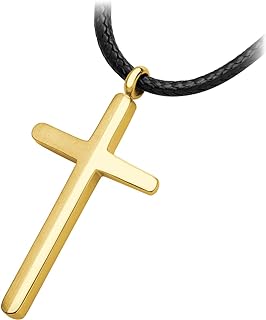 555Jewelry Stainless Steel Cross Necklace for Men - Mens Cross Necklaces with 18 to 24 Inches Waterproof Adjustable Black Leather Rope