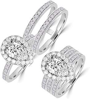 Cubic Zirconia Pear Shaped Double Halo Engagement Ring in Solid 925 Silver Platinum Plated, Size 4.5