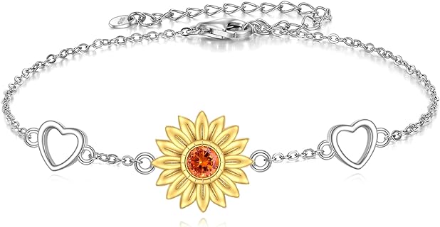 Women's Sterling Silver Sunflower Bead Bracelet with Cubic Zirconia & Box Chain Design