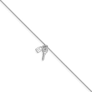 0.9mm 925 Sterling Silver Rhod pl Polished Lock and Key With 1inch Ext. Anklet 9 Inch Jewelry for Women