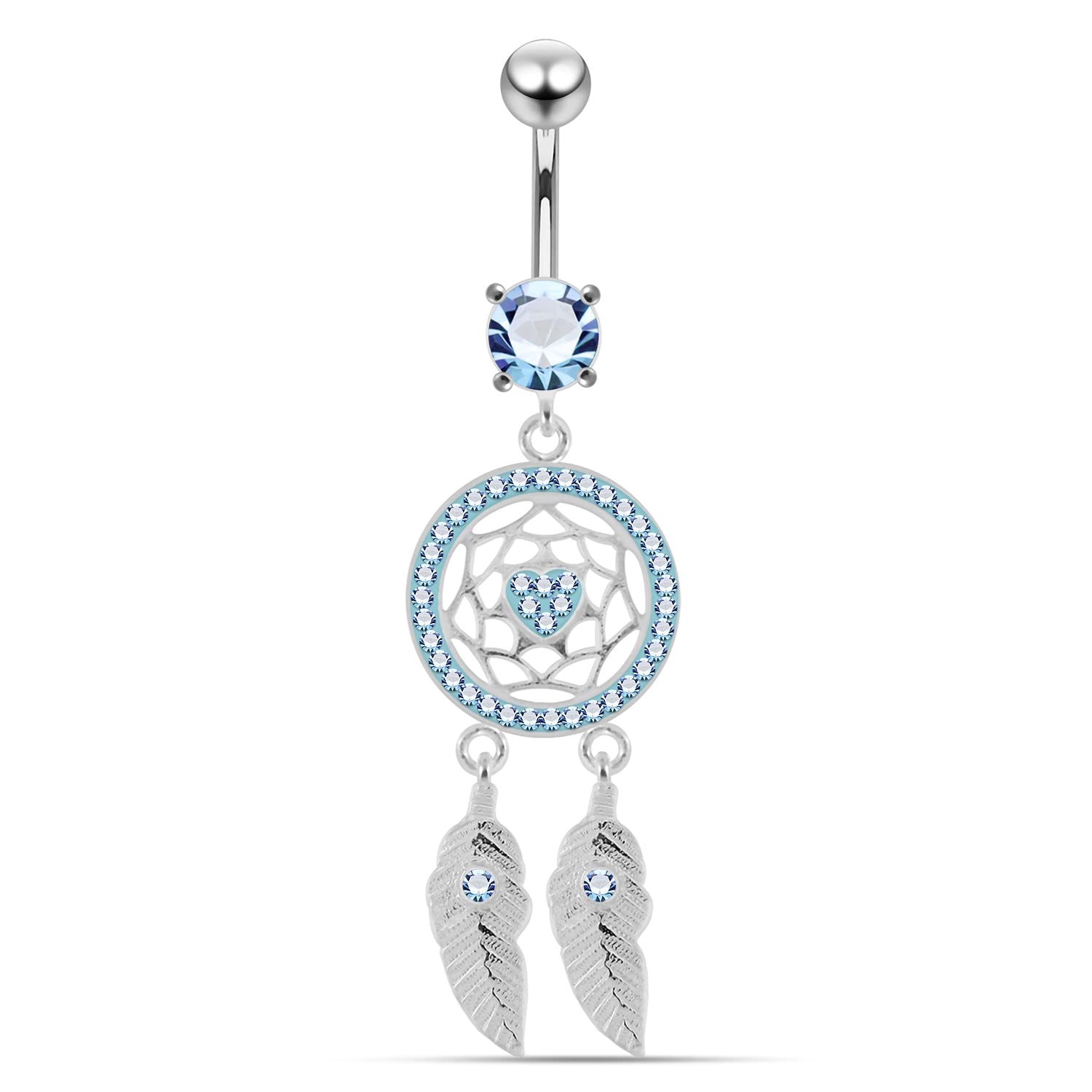 Multi Crystal Gemstone Stylish Heart in Dream Catcher Dangling 925 Sterling Silver Belly Ring Body Jewelry