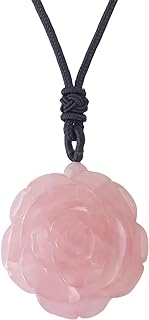 Handcarved Rose Quartz Crystal Flower Pendant on Adjustable Black Cord Necklace for Women - Natural Healing Stone Jewelry