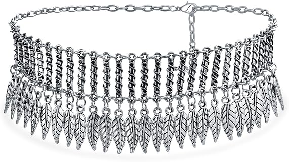 Native American Boho Style Wide Choker Necklace with Lobster-Claw Clasp & Oxidized Silver Plating featuring Dangling Feather Design