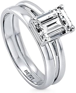BERRICLE Sterling Silver Solitaire Wedding Engagement Rings 2.1 Carat Emerald Cut Cubic Zirconia CZ Ring Set for Women, Rhodium Plated Size 4-10