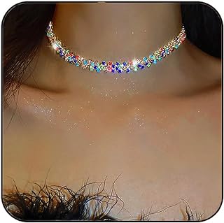 JEAIRTS Rhinestone Choker Necklace Multi-color Diamond Row Necklaces Crystal Chokers Necklace Chain Jewelry Sparkly Party Prom Accessories for Women and Girls