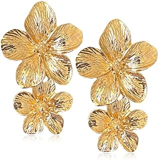 ANDPAI Unique Handmade Bohemian Large Matte Double Yellow Flower Dangle Drop Earrings White Metal floral Stud Earrings For Women Statement Wedding Holiday Jewelry Gifts