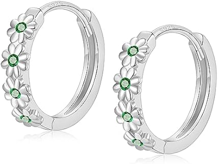 Sterling Silver Hoop Earrings for Women, Dainty Small Huggie Hoop Earrings | Hypoallergenic Daisy Color Cubic Zirconia Flower Hoops Earring Jewellery Gifts for Ladies Girls Birthday Wedding, 12mm Hoop