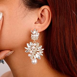 Xerling Faux Pearl Dangle Earrings Statement Green Rhinestones for Women Boho Crystal Pearl Drop Earrings for Girls Bridal Earrings for Wedding Prom