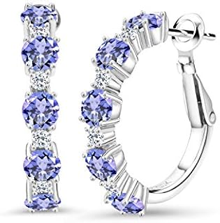 Stunning Sterling Silver Blue Tanzanite and White Topaz Hoop Earrings for Women with Lever Back Design