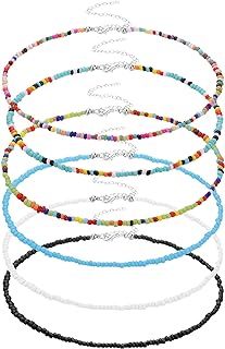 Yolev 6 Pieces Colorful Tiny Seed Beaded Necklace Boho Beads Choker Seed Beaded Choker Necklace Beach Necklace Chain Jewelry for Women Girls