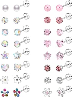 16 Pairs Surgical Steel Hypoallergenic Flat Back Earrings for Women Cute Heart Star CZ Flower Pearl Ball Tiny Flatback Stud Earring