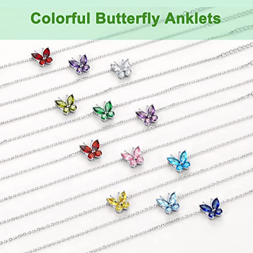 SILVERCUTE Butterfly Anklets for Women, S925 Foot Bracelet Birthstone Anklets Sterling Silver Adjustable Beach Anklet Length 8.5"-10.5"