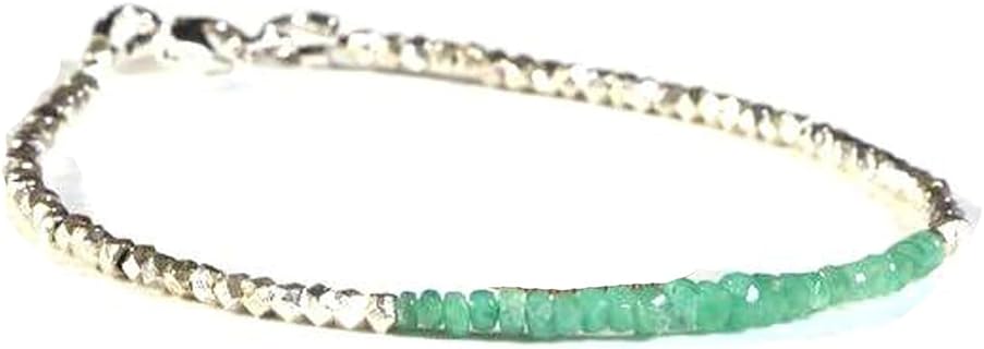 Silver Plated Clasp Colombian Emerald Link Bracelet with Karren Hill Tribe Beads for Men and Women, Rondelle Design