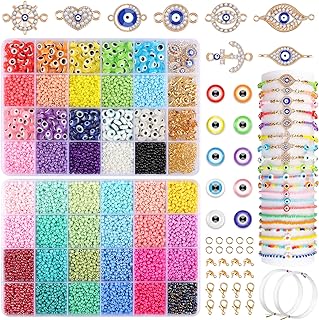 Gold Evil Eye Beaded Necklace Kit with Acrylic & Glass Seed Charms by WELLPICK - Perfect for Adult DIY Jewelry Gifts in 34 Unique Hues, All Seasons Craft Set for Women & Girls