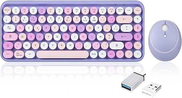 Perixx PERIDUO-713 Ensemble Mini Clavier et Souris sans Fil pour iPad, avec Touches de Style Rétro Arrondies, Violet et AZERTY, idéal pour Petit Espace de Travail