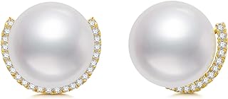 FENCCI Mothers Day Gifts 14K Real Gold Pearl Earrings for Women with CZ Diamond 8mm Freshwater Cultured Pearls Stud Earrings Anniversary Birthday Jewelry for Her Mom Mother Wife Sister