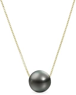 14K Solid Gold Genuine AAAA Natural Tahitian Black Pearl Floating Necklace 16" + 2" Extender for Women, 8mm – 12mm, Nickel Free Hypoallergenic for Sensitive Skin, Gift Box Included