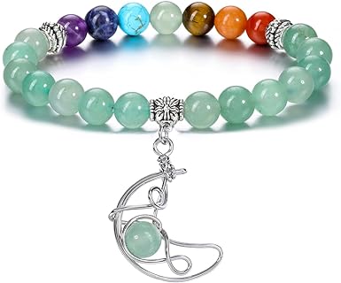 Top Plaza Amethyst Healing Crystal Bracelet 7 Chakra Stone Beaded Bracelets Reiki Yoga Gemstone Wired Wrap Moon Charm Bracelet for Women Men Christmas Gifts