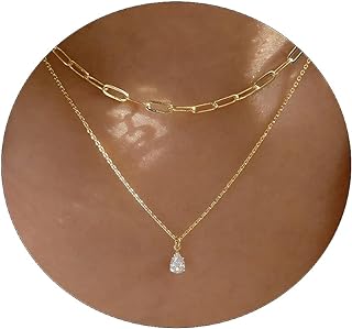VIROMY Diamond Necklaces for Women 14k Gold Plated Dainty Gold Necklace Silver Necklace for Women Simple Gold Paperclip Choker Necklaces for Women Trendy Women CZ Chain Necklace Layered Necklaces