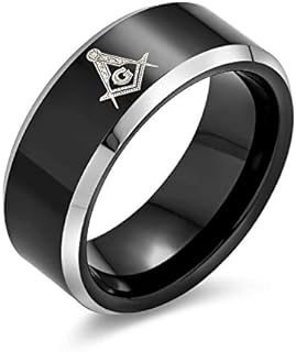 Black Titanium Band Ring with Freemason Masonic Emblem for Men, Laser Etched Square & Compass Design, Comfort Fit 8MM, No Gemstone